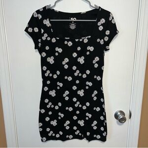 Black Floral Print Dress vtg 90s y2k vibes daisy side slit square neckline